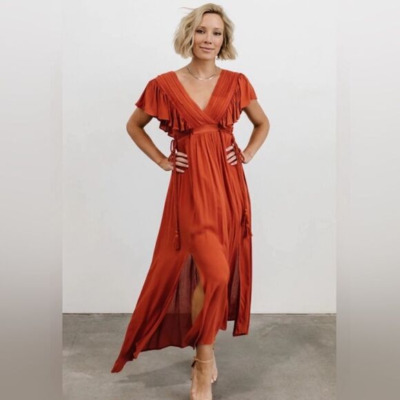 Baltic born Jennifer deep V maxi dress in rust medium wedding guest party - Picture 1 of 8